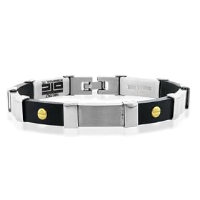 Stainless Steel and 18K Gold Overlay With Black Plastic Men's Fancy Track Link Bracelet 8"