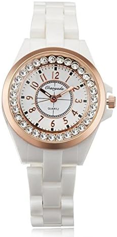 SunShine Day New 2015 Women Rhinestone Gifts Fashion Casual White Plastic Watchband Analog Brand Rose Gold Round Dial Dress Watches