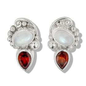 Sterling Silver, Rainbow Moonstone and Garnet Earrings by Sajen by Moonstone Birthstones
