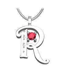 Sterling Silver Letter R - July Ruby Birthstone 18 Inch Necklace