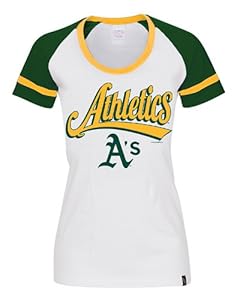 MLB Oakland Athletics Fitted Ladies Baby Jersey Short Sleeve Scoop Neck with Striped Sleeve Tee, White/Forest Green/Gold, Large