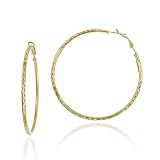 18k Yellow Gold Plated Sterling Silver Diamond-Cut 2.5x60 Clutchless Hoop Earrings