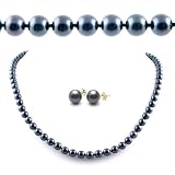 AAA Quality 18 Inch Round 6-6.5mm Black Akoya SaltWater Cultured Pearl Necklace & Earrings Set