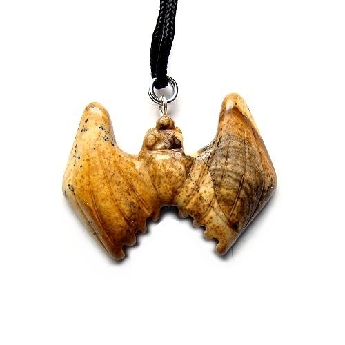 Picture Jasper Semi Precious Gemstone Bat with Adjustable Cord Necklace