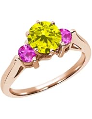 0.71 Ct Round Canary Diamond Pink Sapphire 18K Rose Gold 3-Stone Ring
