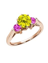 0.71 Ct Round Canary Diamond Pink Sapphire 18K Rose Gold 3-Stone Ring