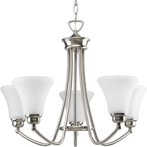 Progress Lighting P4483-09 5-Light Chandelier with Modern Trumpet Glass Shades and Curved Arms Held By A Center Ring, Brushed Nickel