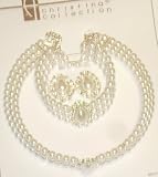 Three Strand Ivory Pearl Choker Necklace Crystals Loaded on Gold Locket Matching Earrings on Clips and Bracelet for Women and Teens