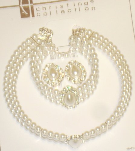 Three Strand Ivory Pearl Choker Necklace Crystals Loaded on Gold Locket Matching Earrings on Clips and Bracelet for Women and Teens