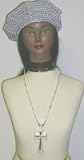 J325, Sterling Silver Long Chain Necklace with Cross Pendant for Women and Teens Offered with Hand Crocheted Metallic Silver Gimp Beret