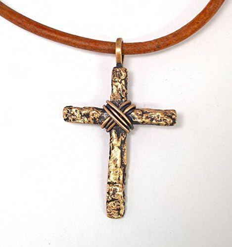 Bronze Tree Bark Cross on Leather Cord with Hand Forged Bronze Cord Ends and Clasp Components, Hand Sculpted Cross Pendant, Item: NLC-BRZ-083