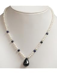 Excellent Single Strand Natural Graceful Fresh Water Pearl & Sapphire Drop Beaded Necklace