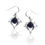 Heart Shaped Double Dolphin on Bermuda Blue Crystal Sterling Silver Hook Earrings
