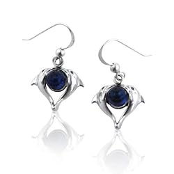 Heart Shaped Double Dolphin on Bermuda Blue Crystal Sterling Silver Hook Earrings