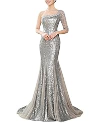 One Shoulder Elbow Length Sleeves Mermaid Beaded Sequined Lace Floor Length Evening Dress 