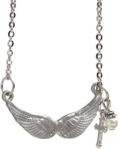 Pewter Angel Wings Necklace W/Cross and Pearl