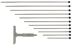 Mitutoyo 129-150 Vernier Depth Gauge, Interchangeable Rods, Micrometer Type, 0-12" Range, 0.001" Graduation, +/-0.00024" Accuracy, 2.5" x 0.63" Base, 12 Rods