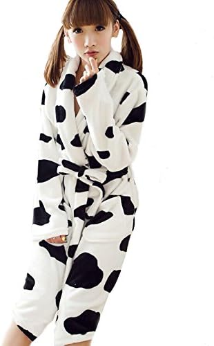 NXD Store Women's Flannel Cow Spot Pattern Bath Robe Black and White (XL)