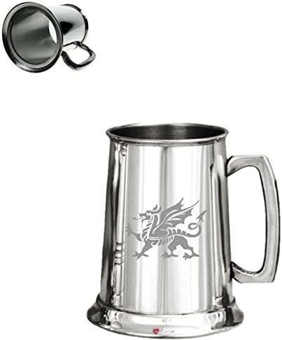 1 Pint Plain Glass Bottom Pewter Tankard With Welsh Dragon Design