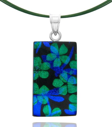Sterling Silver Dichroic Glass Dragonfly and Green Flower Pattern Pendant on Stainless Steel Wire, 18