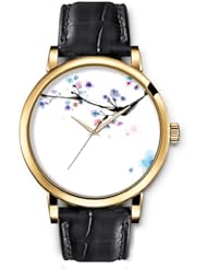 SPRAWL Aanalog Fashion Series Gold Ladies Watches of Genuine Black Leather Strap,Unique Wrist Watch for Women Girls Designed with Colorful flowers