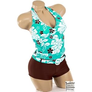 Sexy Trendy Cute Summer Brown Aqua Flower Floral Print Tankini Boyshort Bathing Suit Swimsuit Swimwear