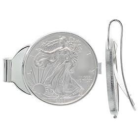 Sterling Silver Spring Back Moneyclip, w/ Silver American Eagle (1986 - Present), 1 oz. Pure Silver Dollar