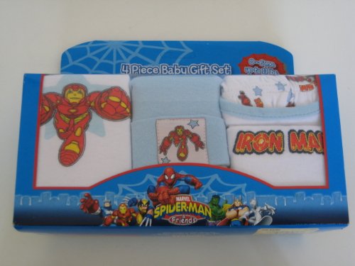  Marvel Iron Man Infants New Born Baby 4 Piece Baby Gift Set Include : Diaper Cover, Cap, T-shirt and Bib