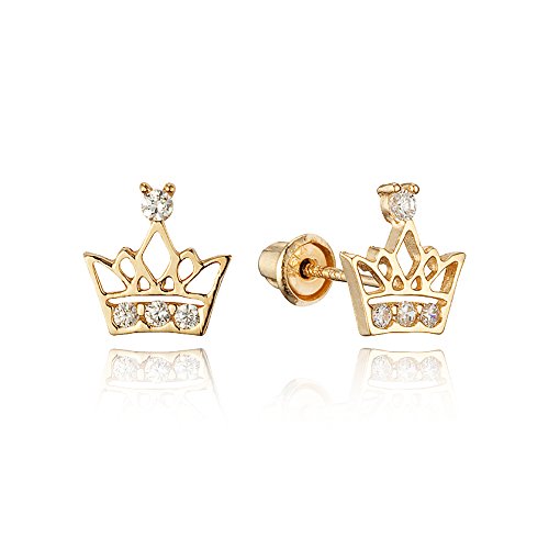 14k Yellow Gold Princess Crown Children Screwback Girls Earrings
