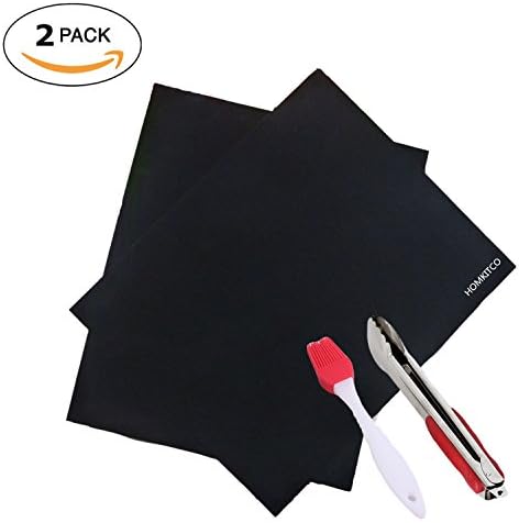 BBQ Grill Mats (Set of 2), HOMKITCO 15.75 x 13 Inch Non-stick Heat Resistant Baking Mats Dishwasher Safe Barbecue Sheets - Free Bonus with Grill Basting Brush and Stainless Steel Cooking Tongs