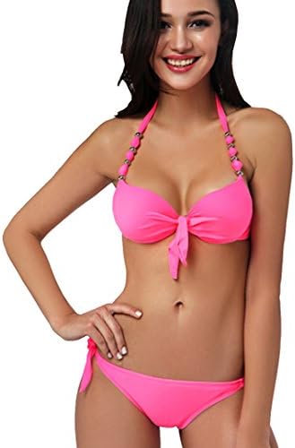 CNDCR Two pieces Bikini Set Bandeau Solid color Swimsuit [ with Surprise Gift ] Rose M