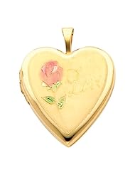 14K Yellow Gold Flower Enamel Engraved Heart "Love" Locket Pendant (0.8" Inches or 20mm)