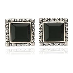 Sterling Silver Marcasite and Faceted Onyx Square Post Earrings by