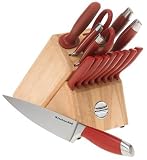 KitchenAid 16-Piece Cutlery Set with Traditional Natural Block, Red Handles