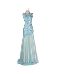 Crystal Fitted Bateau Neck Tulle Mermaid Prom Dress 