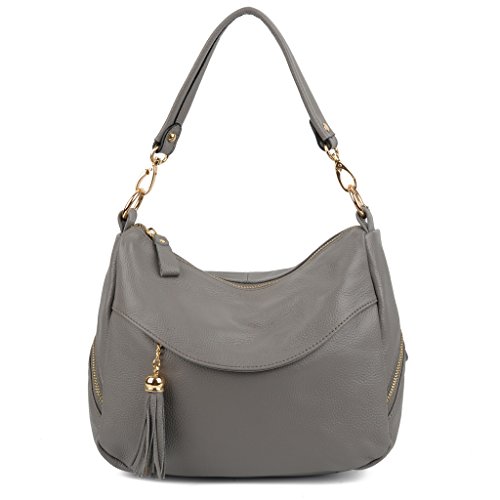 YALUXE Women's Double Side Pockets Tassel Leather Purse Crossbody Shoulder Bag Grey