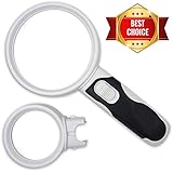 Fancii LED 5X Handheld Magnifier Set with Light - Large 3.5" Detachable Lenses 3X and 5X Illuminated Magnifying Glass For Reading, Low Vision, Macular Degeneration, Craft and Hobby