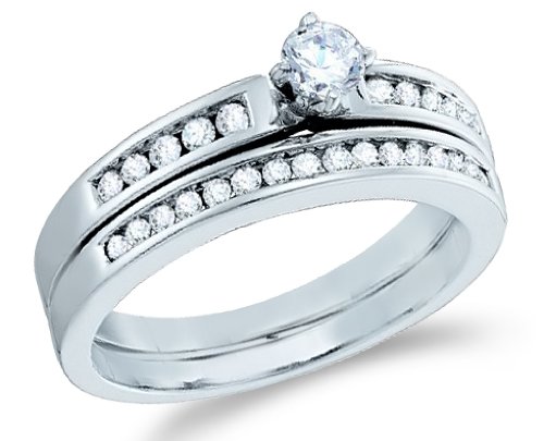 14k White Gold Diamond Ladies Womens Bridal Engagement Ring with Matching Wedding Band Two 2 Ring Set Solitaire with Side Stones Channel Set Round Brilliant Cut Diamond Ring (1/2 cttw, H Color, I1 Clarity)