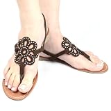 Women's Slingback Flower Rhinestone Thong Flat Sandals Brown , 5.5-10