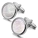 Men's Rhodium Plated Mother of Pearl Abalone Shell Cufflinks White Silver Round Studs Set Tuxedo