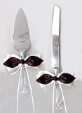 Brown Satin Bow Ivory Ribbon Cake Knife and Server Set for Wedding or Ceremony