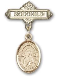 14K Gold Baby Badge with Our Lady of Perpetual Help Charm and Godchild Badge Pin