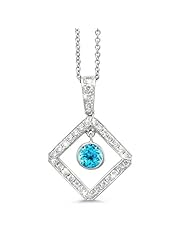 Diagonal Square And Circle Diamond Pendant In 18K White Gold With A 0.60 ct. Genuine Blue Topaz Center Stone.