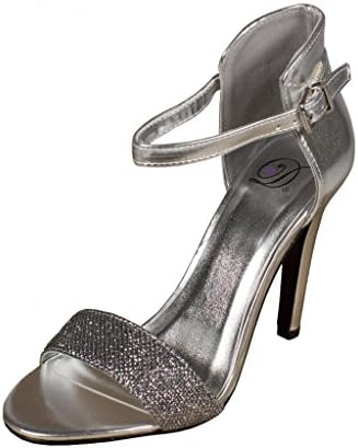 Delicious Women's Stick Slim High Heel with Glitter Toe Strap, metallic silver, 8.5 M US