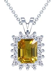 18K White Gold Emerald Cut Yellow Sapphire And Round Diamond Pendant