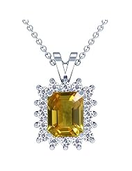 14K White Gold Emerald Cut Yellow Sapphire And Round Diamond Pendant