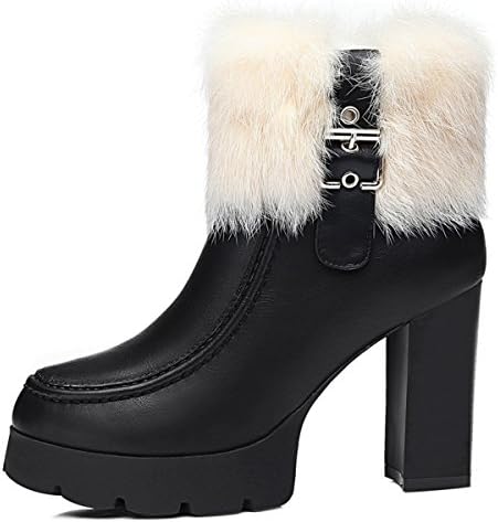 Womens High Heel Leather Shoes Rabbit Hair and Metal Buckle Side Zipper Black Mid-calf Warm Boots EU39