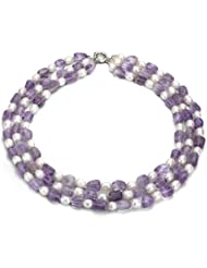 Sterling Silver 7-8 White Freshwater Pearl and 9x16mm Amethyst 18"-22" 3-row Necklace. Amethyst is February Birthstone.