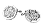 JJ Weston silver plated wide bezel set Mercury dime cufflinks with presentation box. Made in the USA