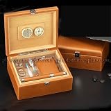 Tan Leather Humidor with Flask, Cigar Cutter  Tube - 60 Cigars